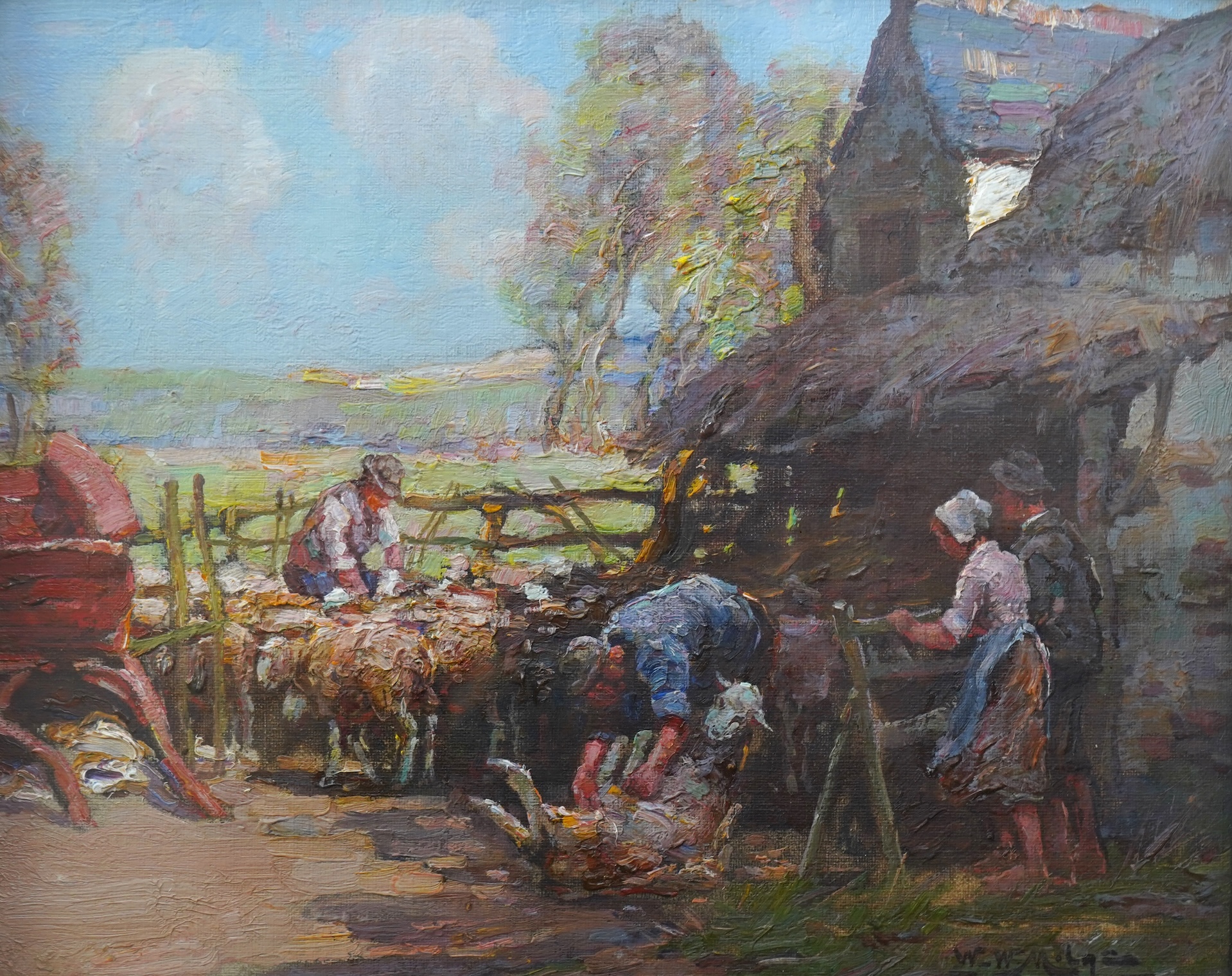 William Watt Milne, 1865-1951, Sheep shearing in a farmyard